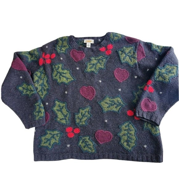 Vintage 90s Chunky 100% Wool Dark Gray Heart Sweater Holly Berries Sz Large - Picture 2 of 10
